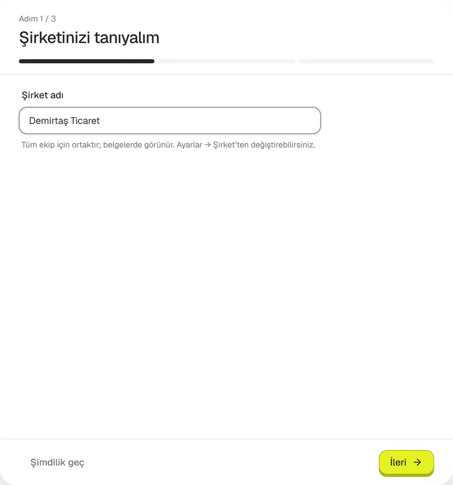 Kurulum sihirbazının ilk adımı: şirket adı