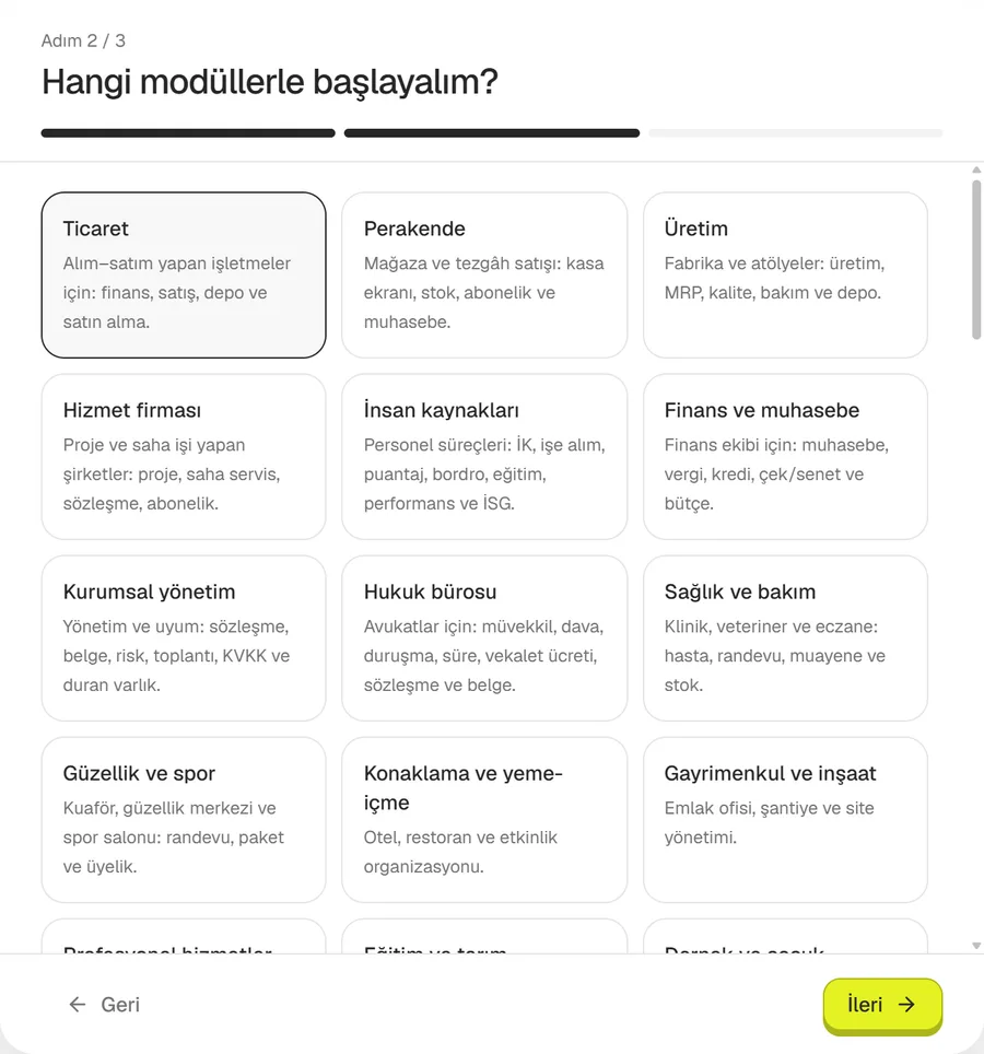 Kurulum sihirbazının ikinci adımı: hazır modül paketleri
