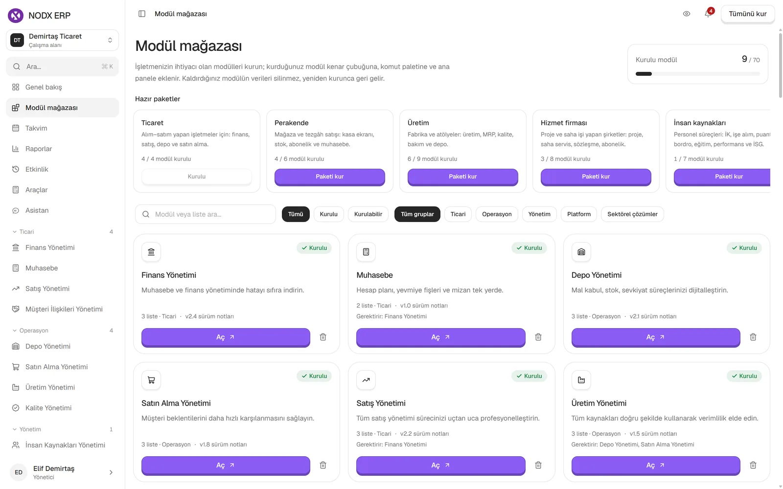NODX ERP modül mağazası: kurulabilir modüllerin listesi
